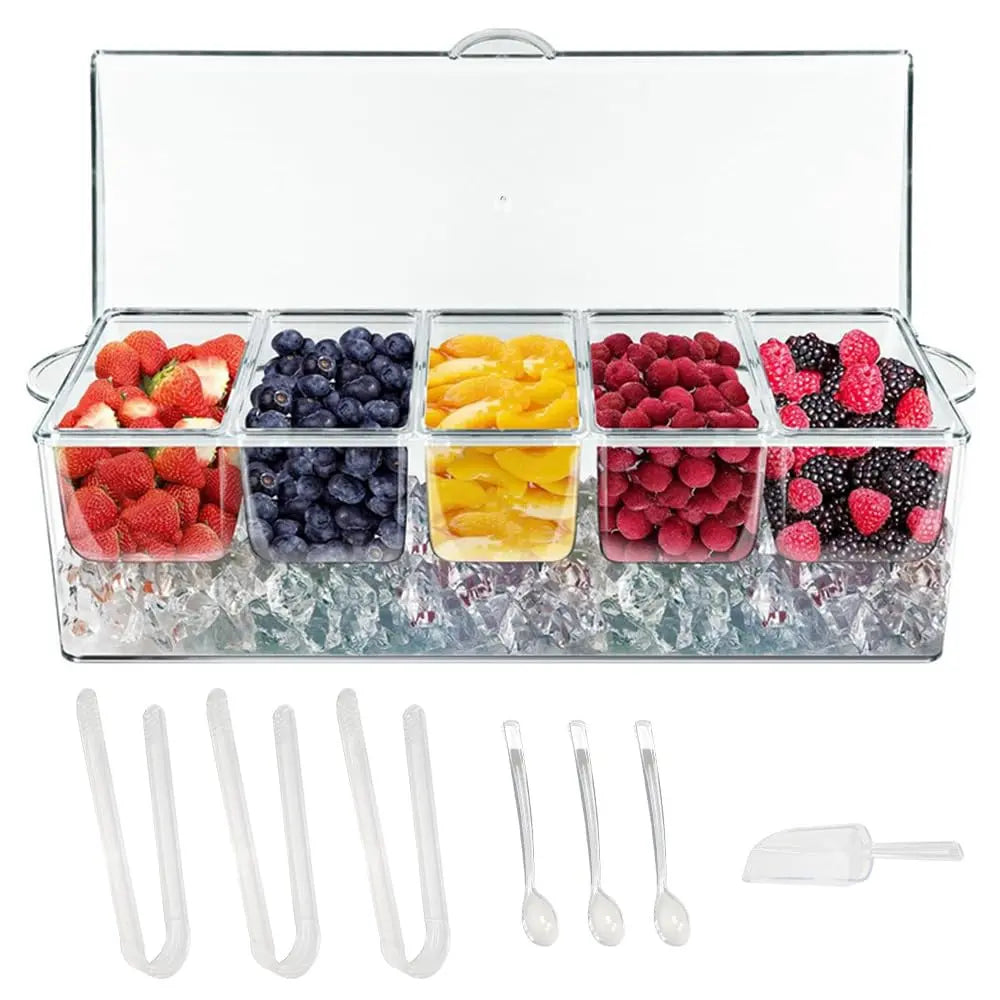Clear Five-Compartment Chilled Condiment Tray With Lid