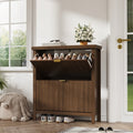Walnut Brown Shoe Cabinet with Ribbed Flip-Down Doors