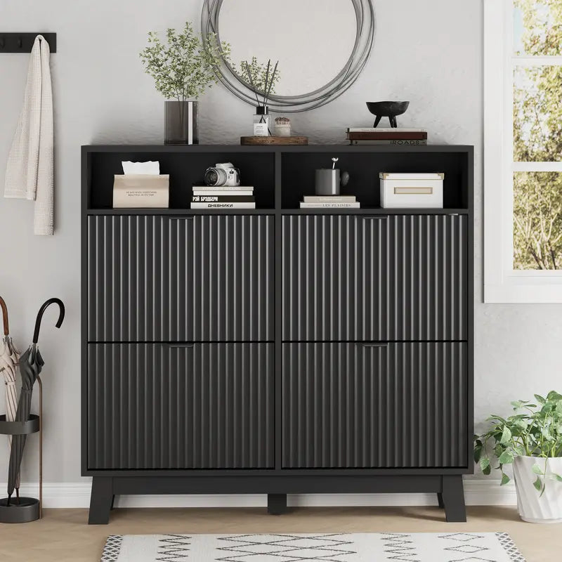 Black Fluted Door Shoe Cabinet With Flip Drawers