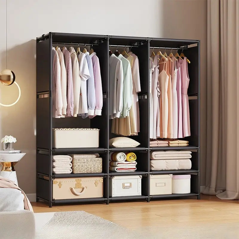Black Freestanding Wardrobe with Hanging Rods and Shelves