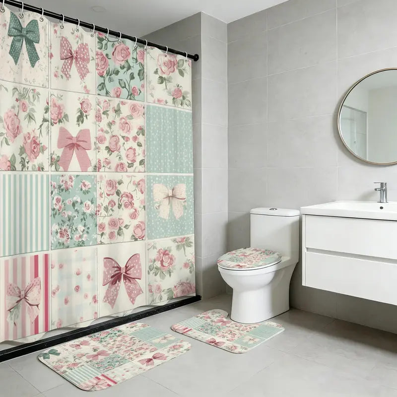 Pastel Bow and Rose Shower Curtain Bath Set