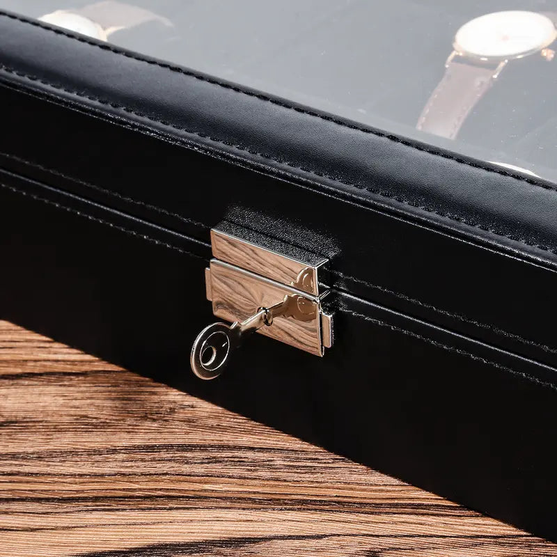 Black Faux Leather Watch Case with Glass Lid