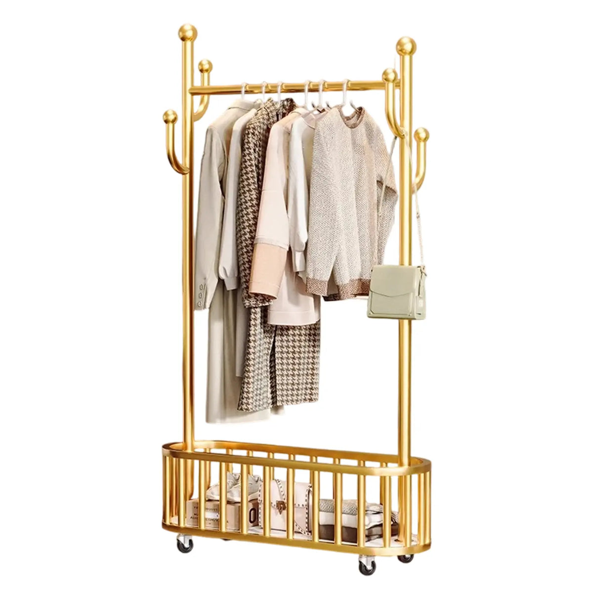 Gold Metal Rolling Garment Rack with Basket