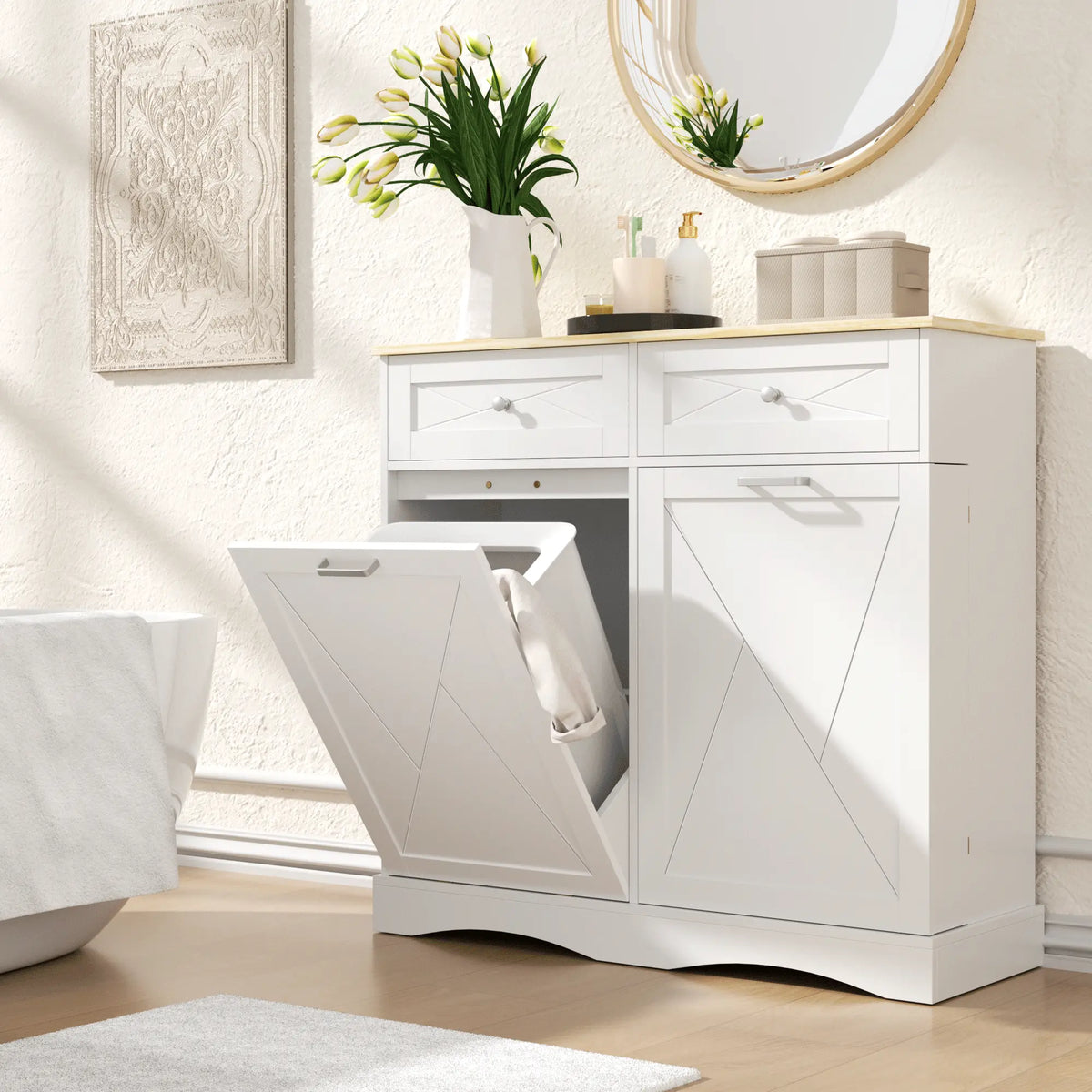 White Tilt-Out Hamper Cabinet with Two Top Drawers