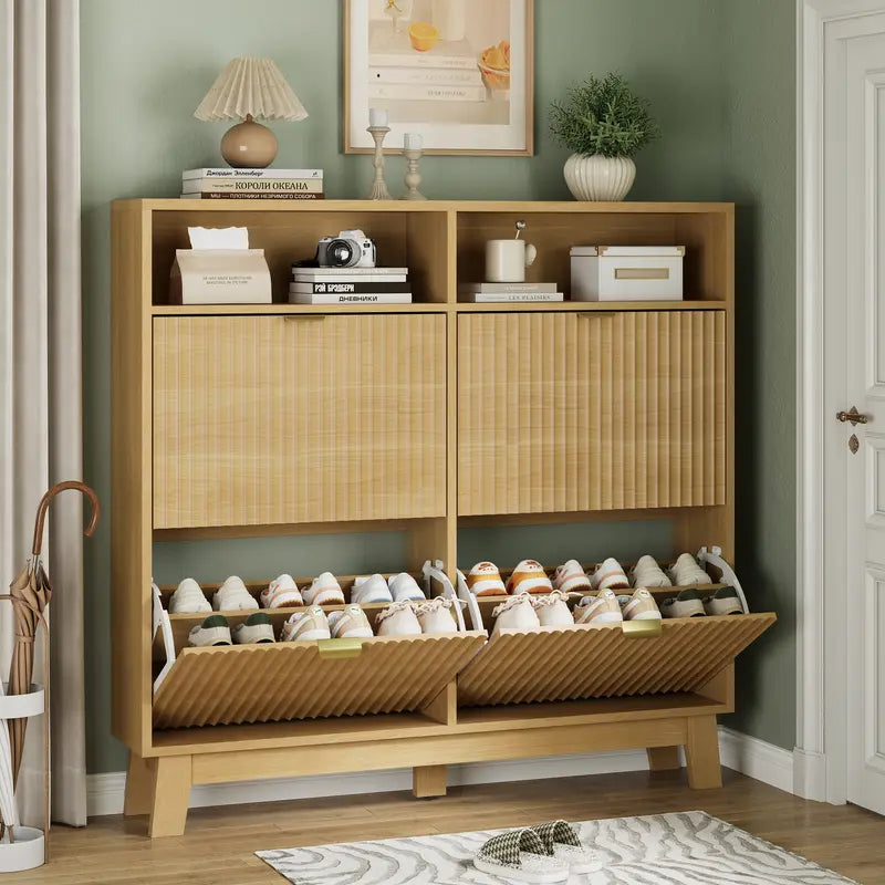 Black Fluted Door Shoe Cabinet With Flip Drawers