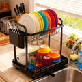 Two-Tier Black Metal Dish Rack with Utensil Cup