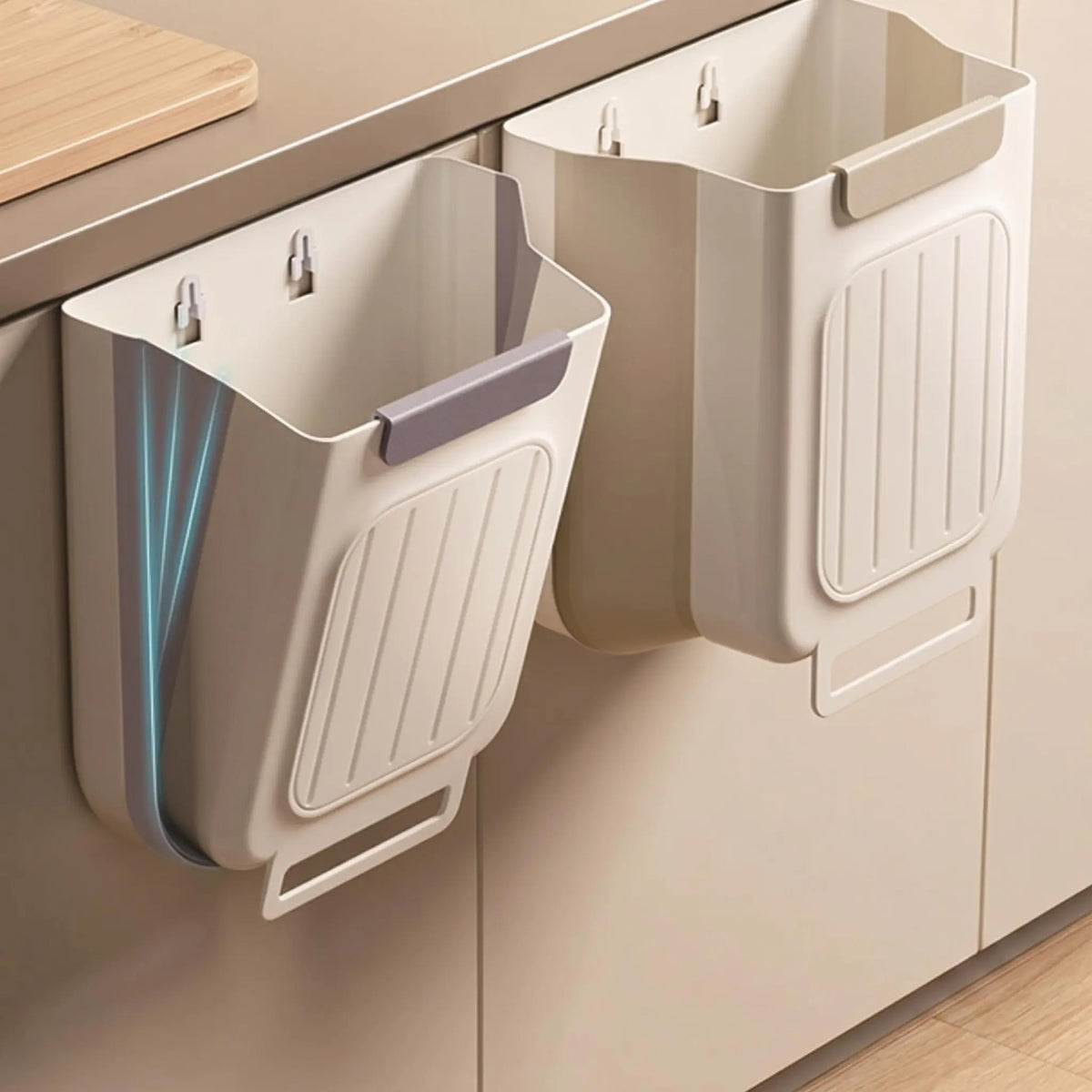 Beige Collapsible Hanging Trash Bin with Lid Flap