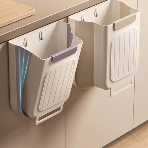 Beige Collapsible Hanging Trash Bin with Lid Flap