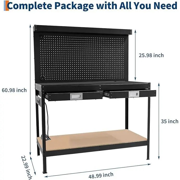 Black Steel Workbench with Pegboard and Drawers