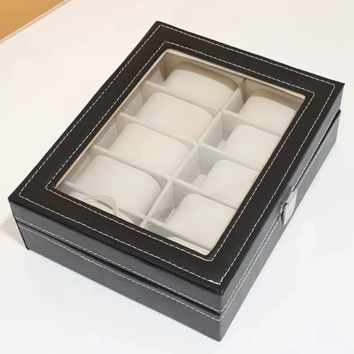 Brown Faux Leather Watch Case with Glass Lid