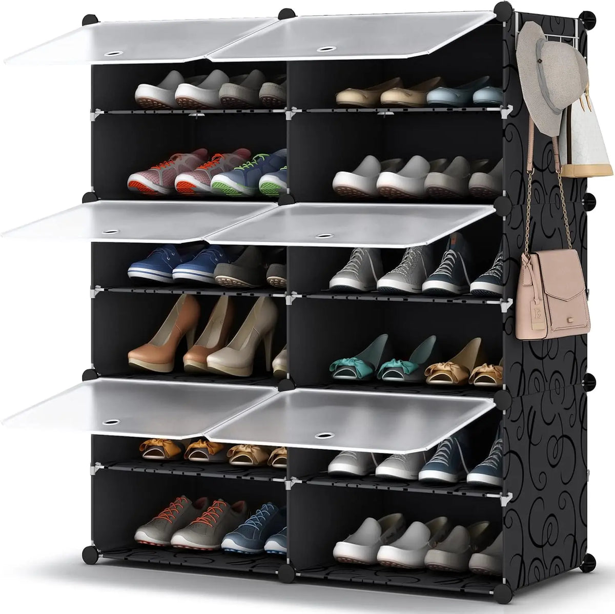 Black Modular Shoe Cabinet with Frosted Doors