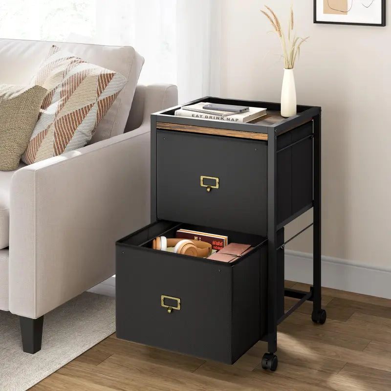Two Drawer Rolling File Cabinet in Black Fabric