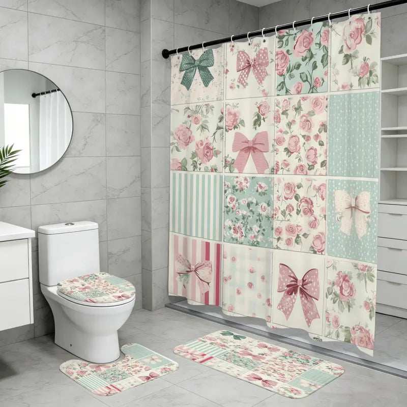 Pastel Bow and Rose Shower Curtain Bath Set