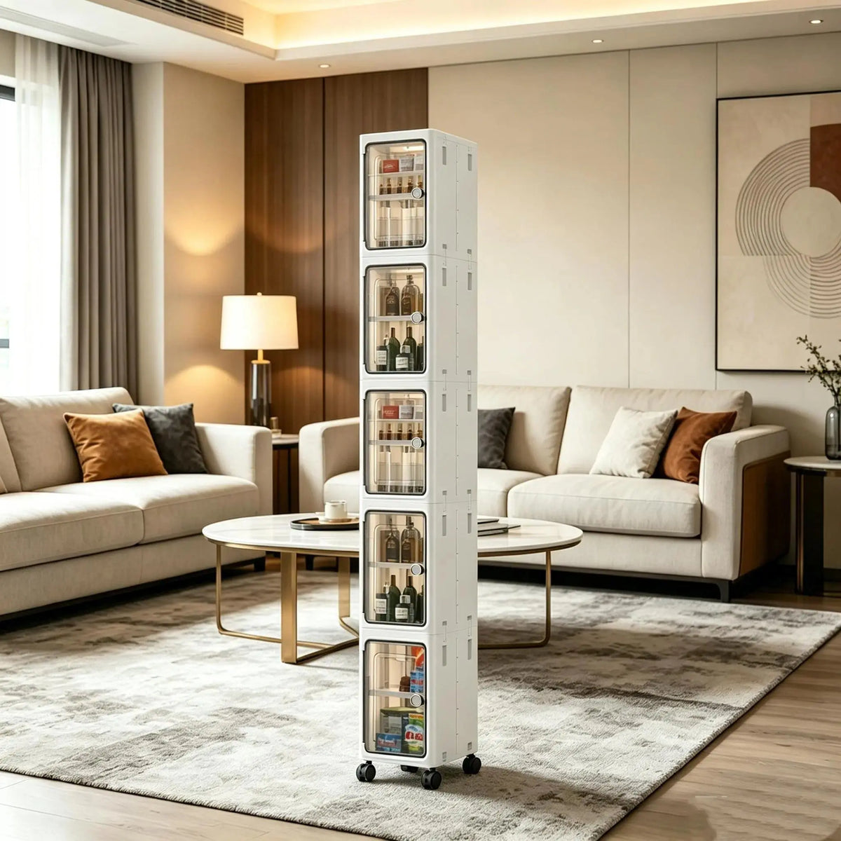 Tall White Stackable Storage Cabinet on Wheels