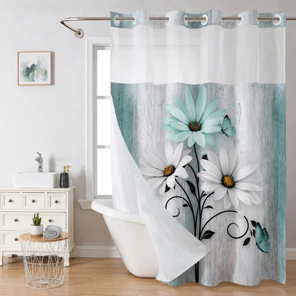 Teal Daisy Print Shower Curtain with Sheer Top