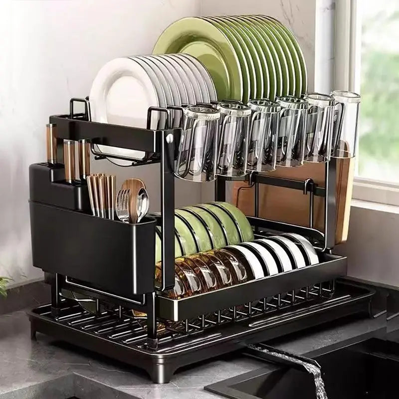 Black Two-Tier Dish Rack with Cup Holders