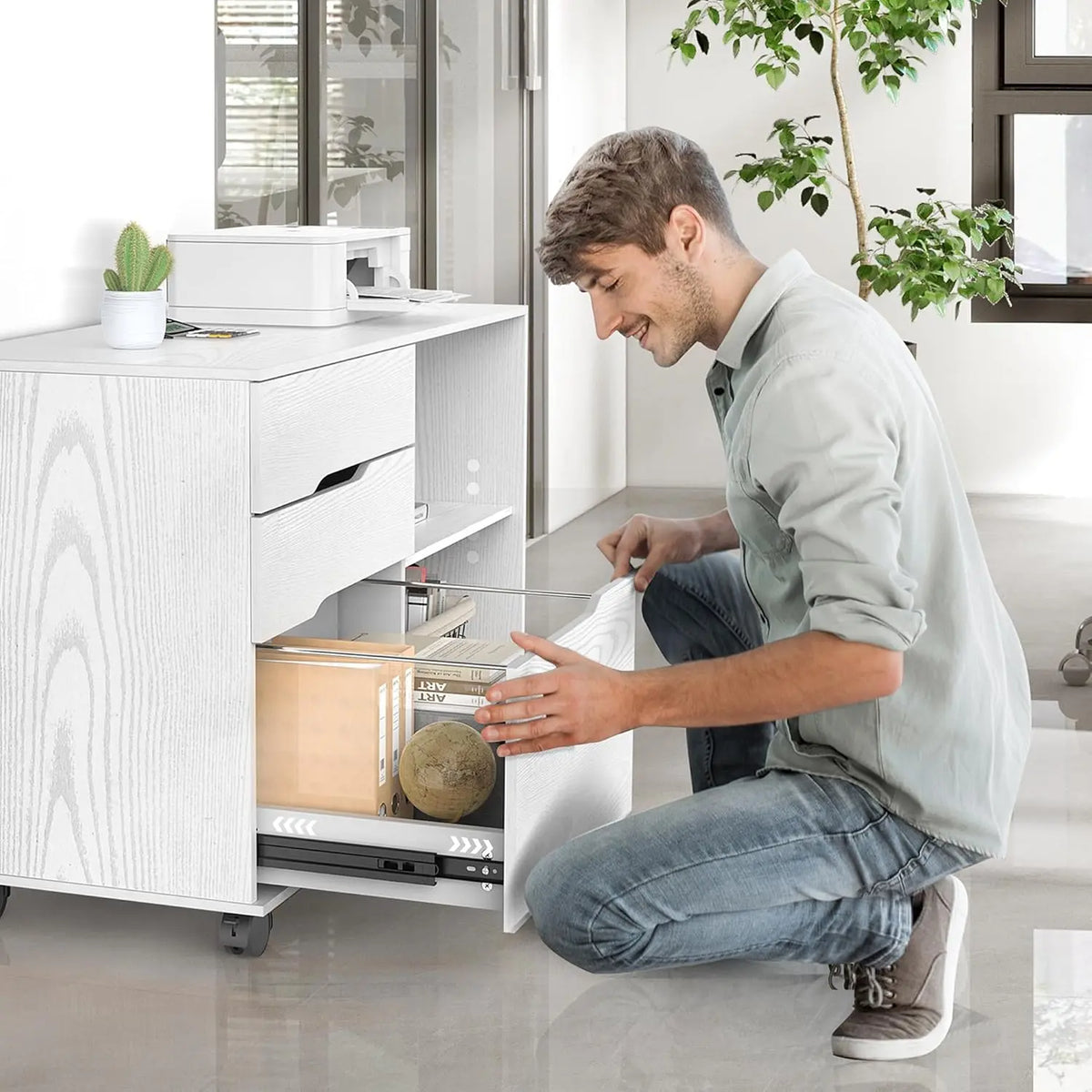 White Wood Grain Rolling File Cabinet with Drawers