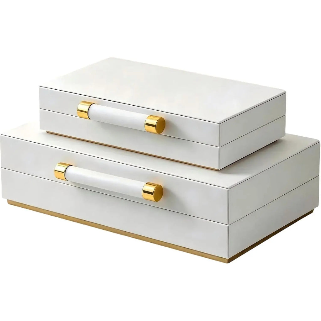 Set of Two White Storage Boxes With Gold Handles