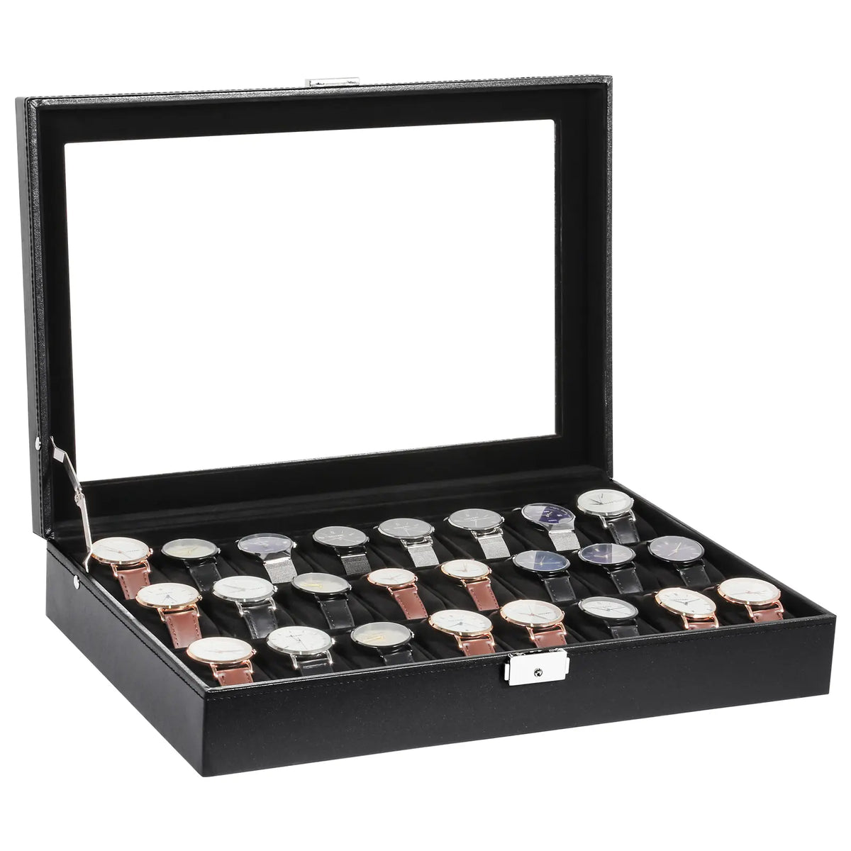Black Faux Leather Watch Case with Glass Lid