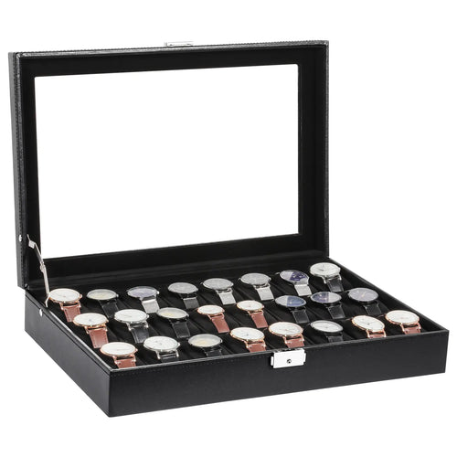Black Faux Leather Watch Case with Glass Lid