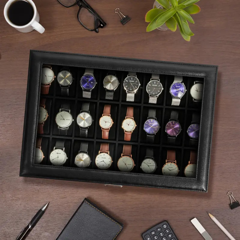 Black Faux Leather Watch Case with Glass Lid