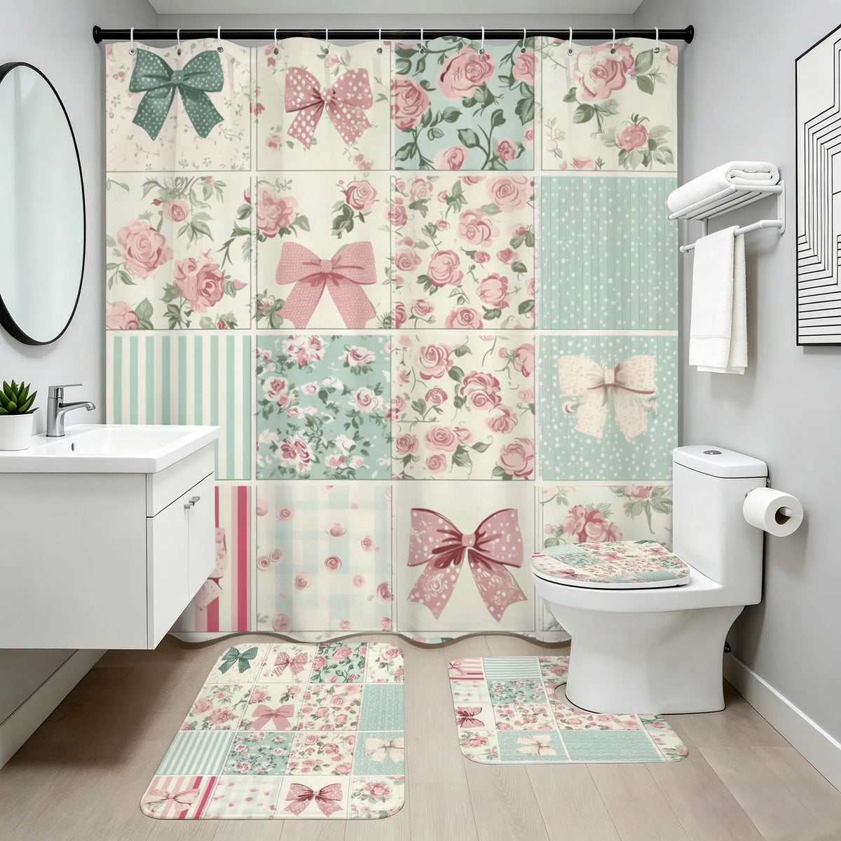 Pastel Bow and Rose Shower Curtain Bath Set