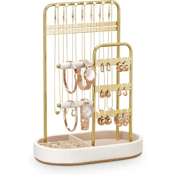 Gold Metal Jewelry Stand with White Oval Tray