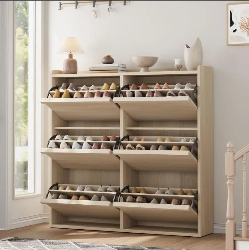 Light Wood Shoe Cabinet with Six Flip Drawers
