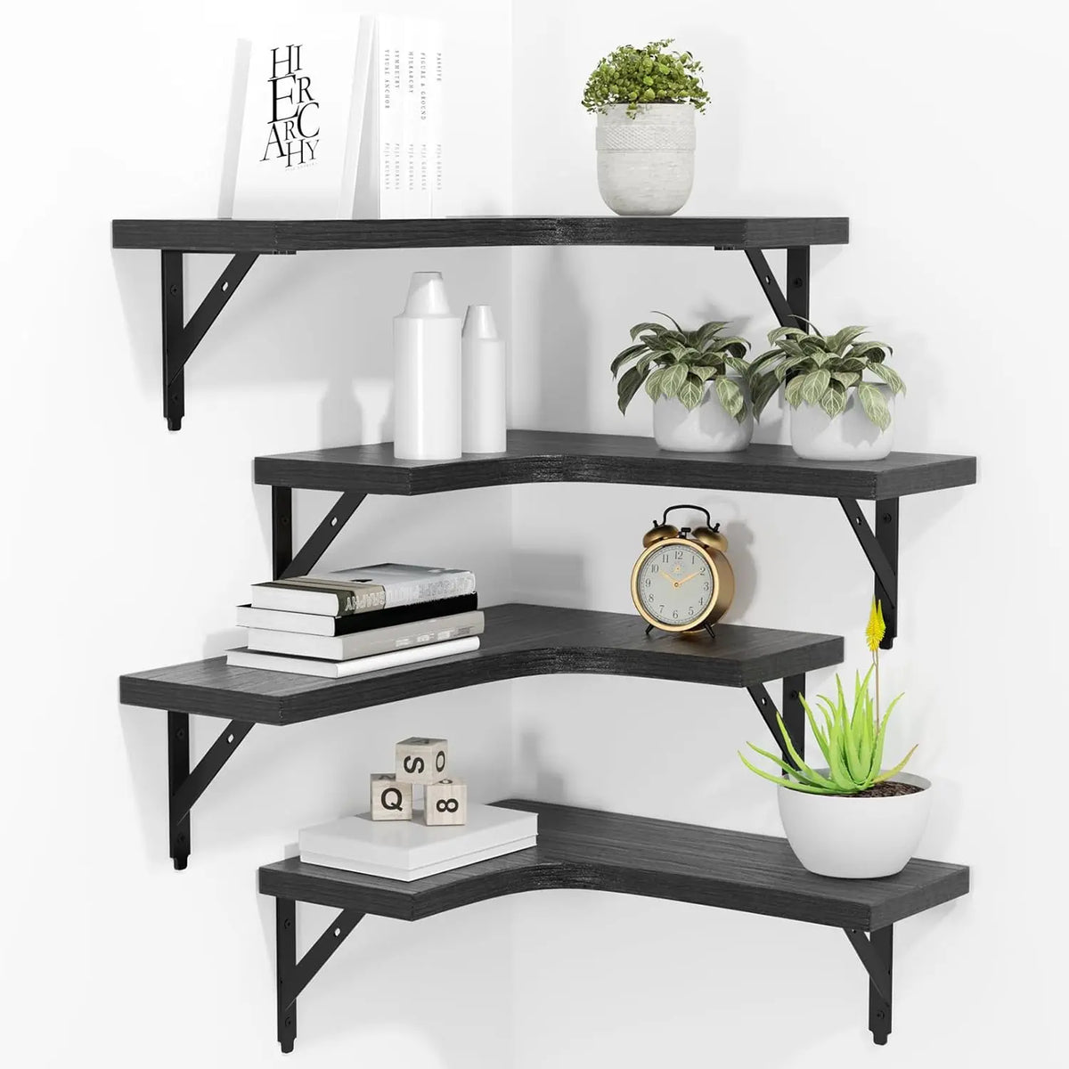 Black Wood Corner Wall Shelves Set of Four