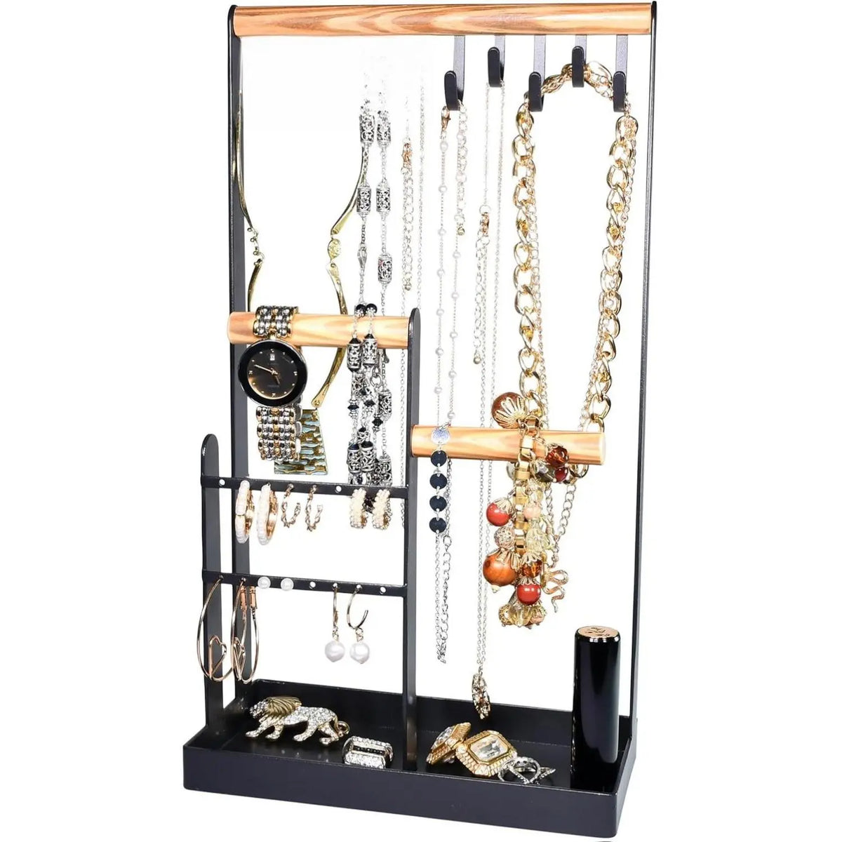 Tall Black Metal Jewelry Stand With Wood Bars