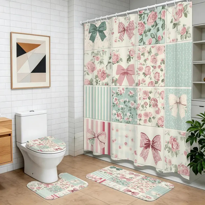 Pastel Bow and Rose Shower Curtain Bath Set