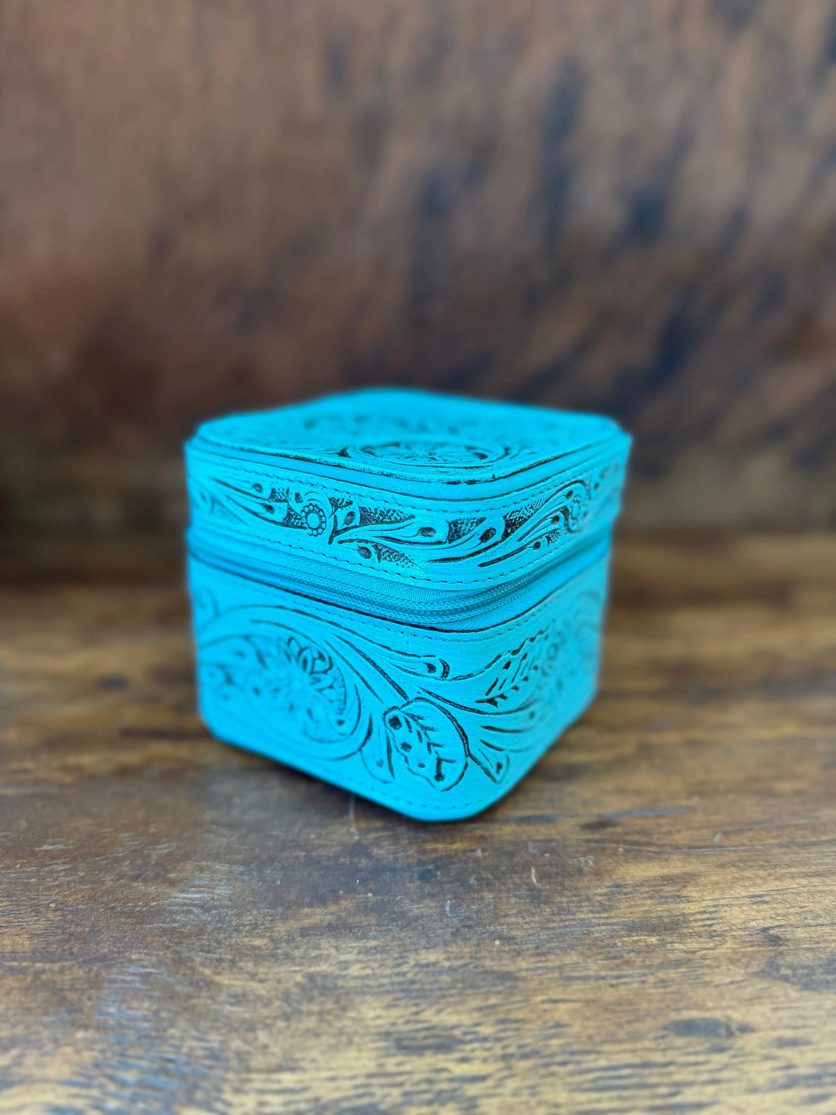Turquoise Tooled Leather Zip Jewelry Case