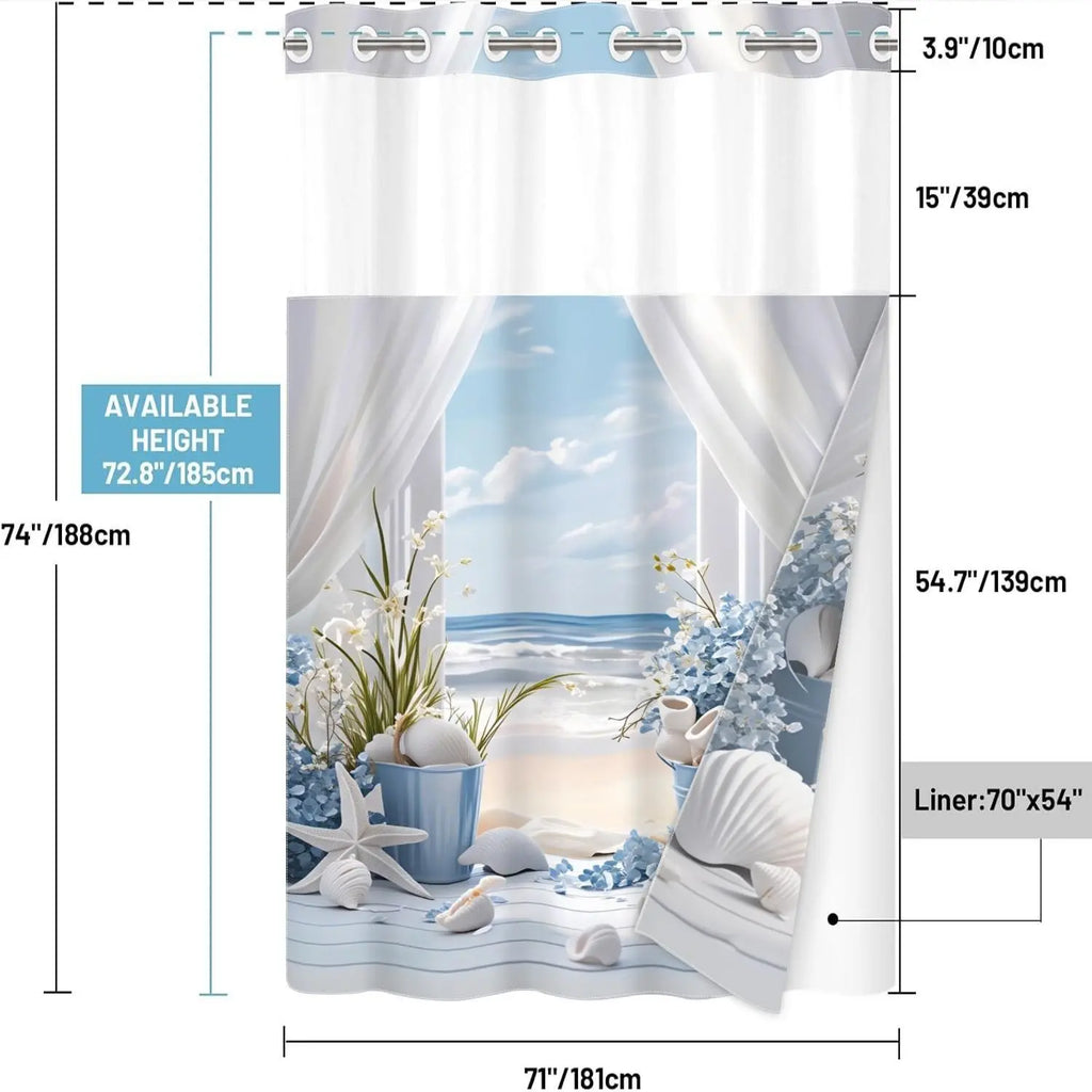 Beach Scene Print Shower Curtain with Window