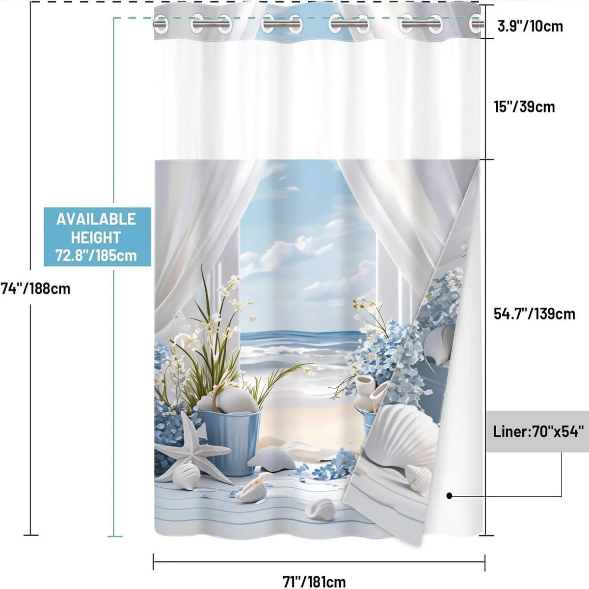 Beach Scene Print Shower Curtain with Window