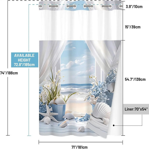Beach Scene Print Shower Curtain with Window