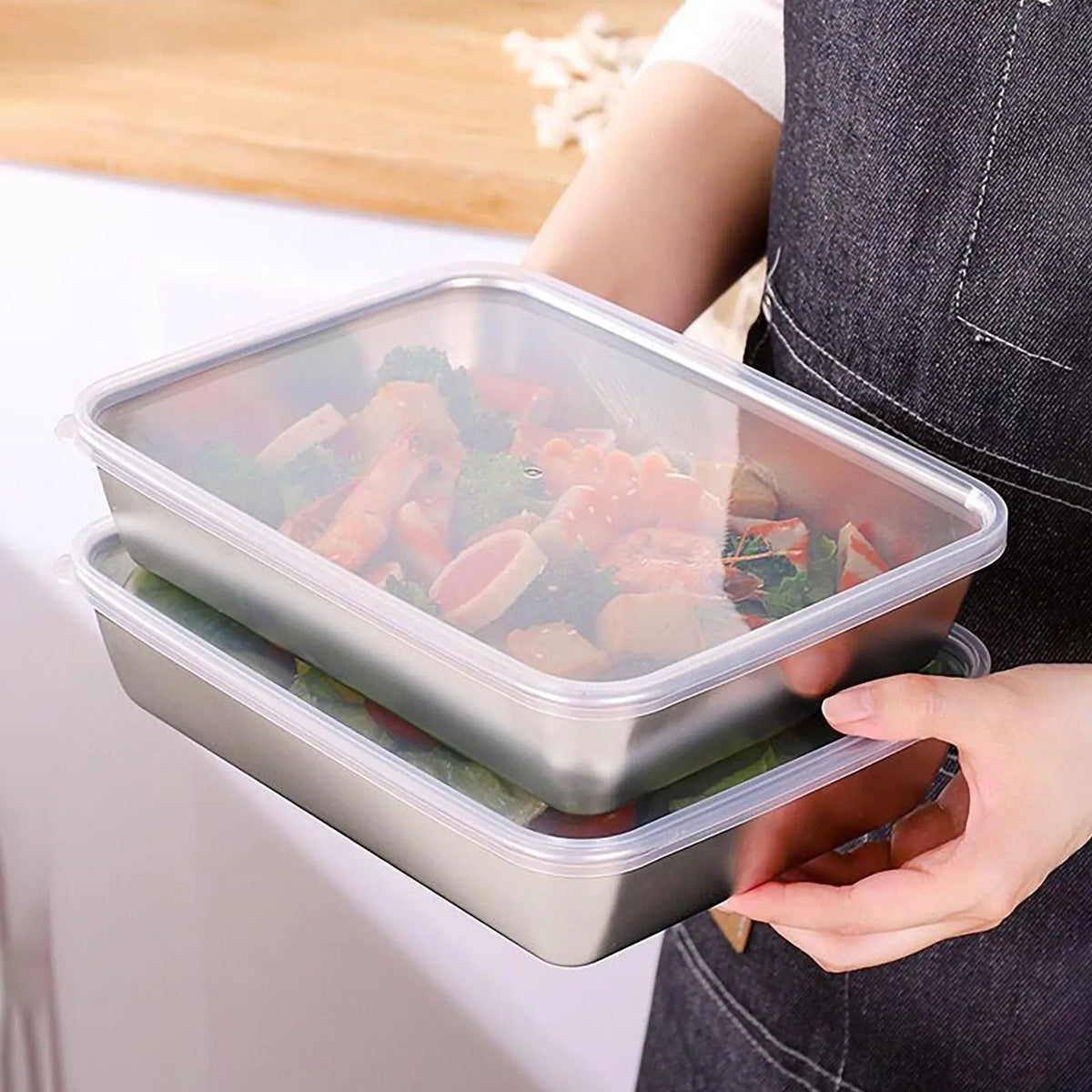 Rectangular Stainless Steel Food Containers With Clear Lids