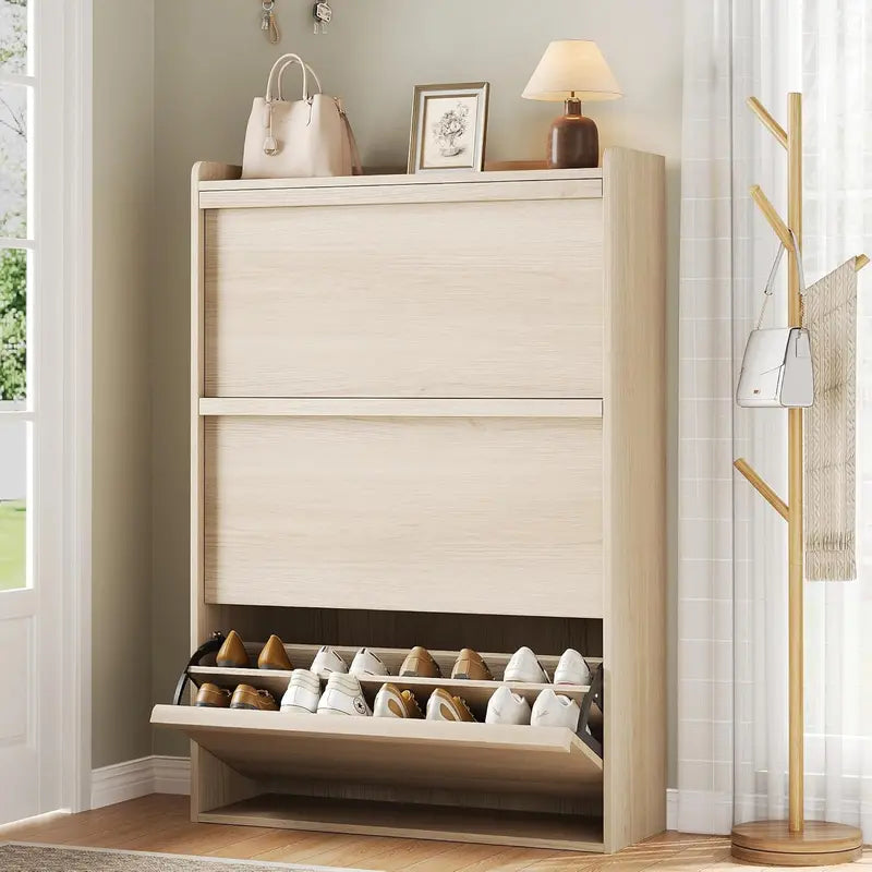 Light Wood Tilt-Out Shoe Cabinet with Three Drawers