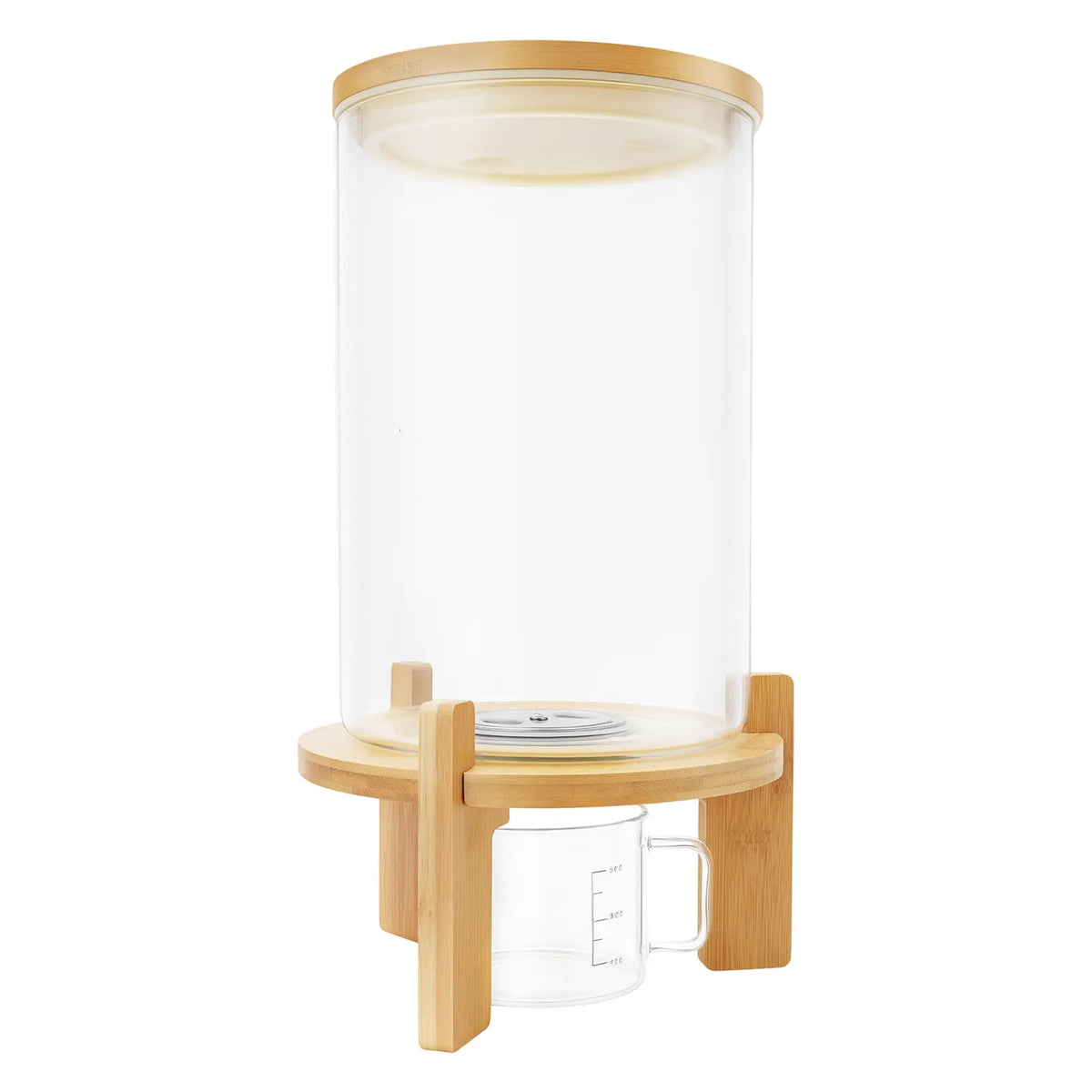 Glass Grain Dispenser with Bamboo Lid and Stand