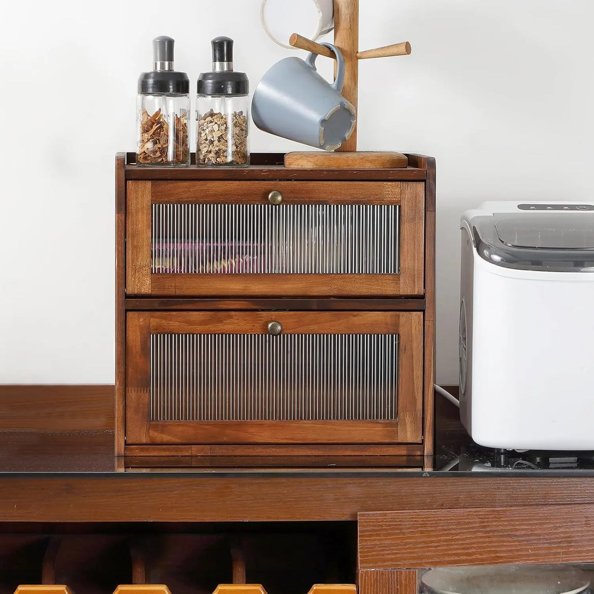 Two-Tier Wooden Bread Cabinet with Ribbed Panels