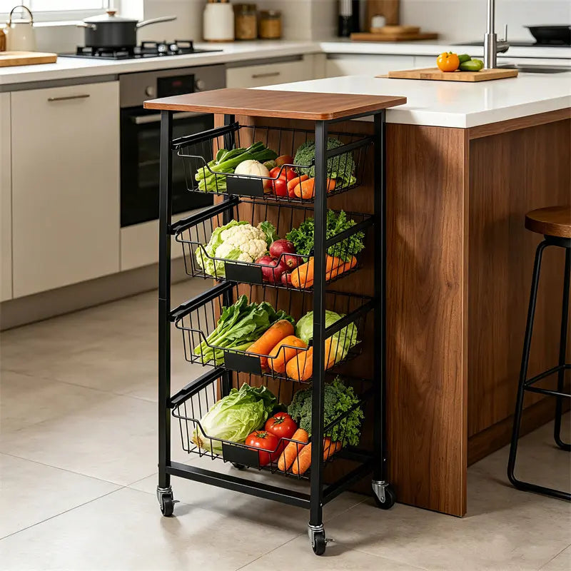 Four-Tier Rolling Kitchen Cart with Wire Baskets