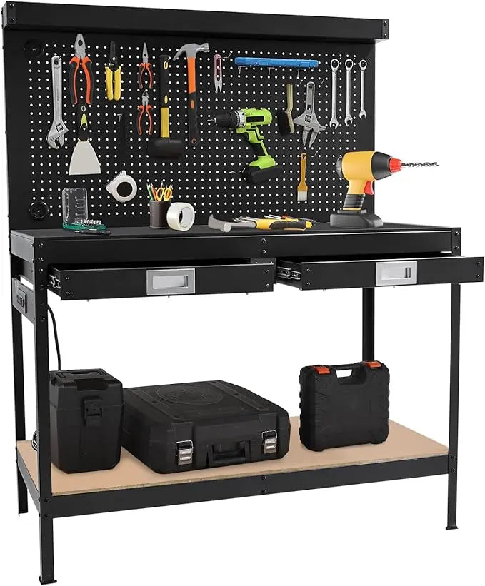 Black Steel Workbench with Pegboard and Drawers
