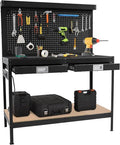 Black Steel Workbench with Pegboard and Drawers