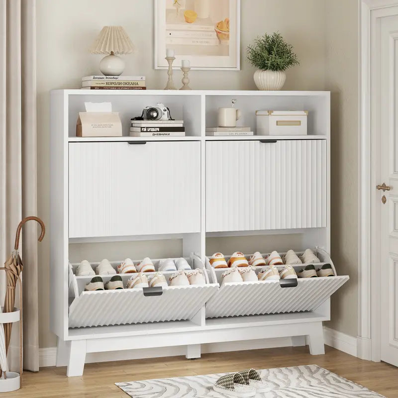 Black Fluted Door Shoe Cabinet With Flip Drawers