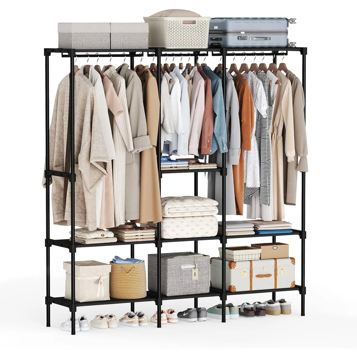 Black Metal Freestanding Closet Rack with Shelves and Rails