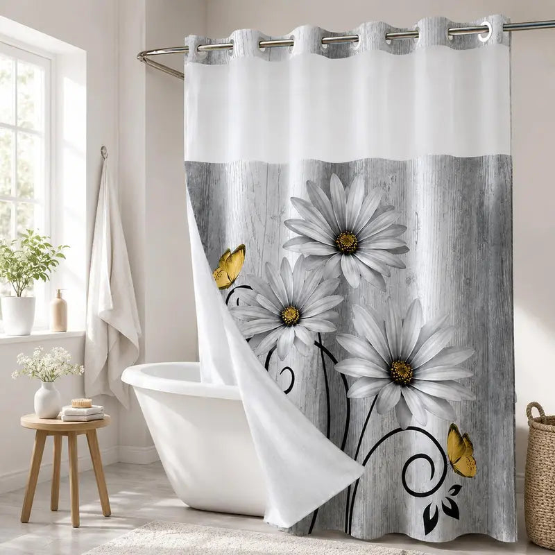 Teal Daisy Print Fabric Shower Curtain