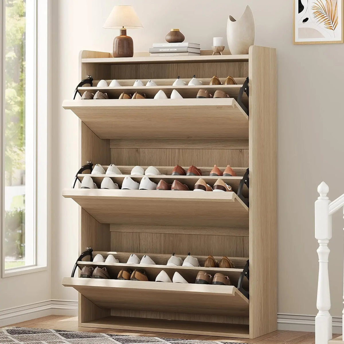 Light Wood Tilt-Out Shoe Cabinet with Three Drawers