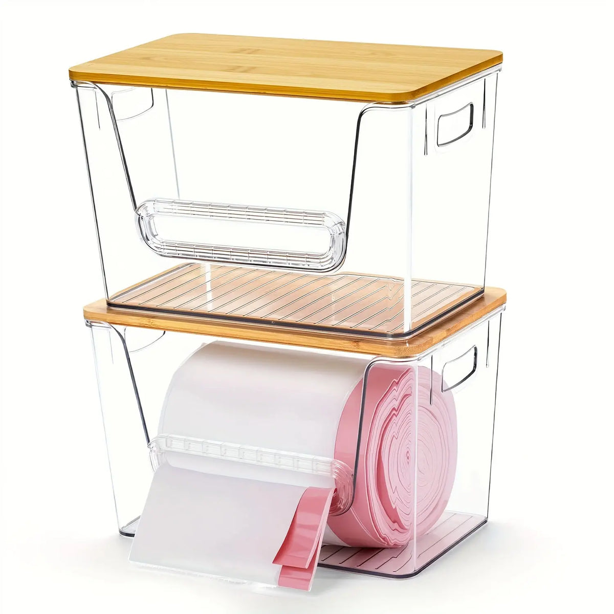 Stackable Clear Bins With Bamboo Lids