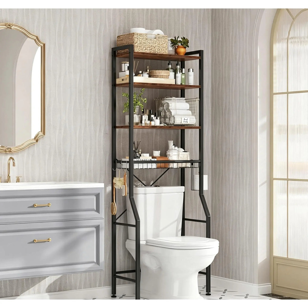 Freestanding Over-Toilet Rack With Wood-Look Shelves