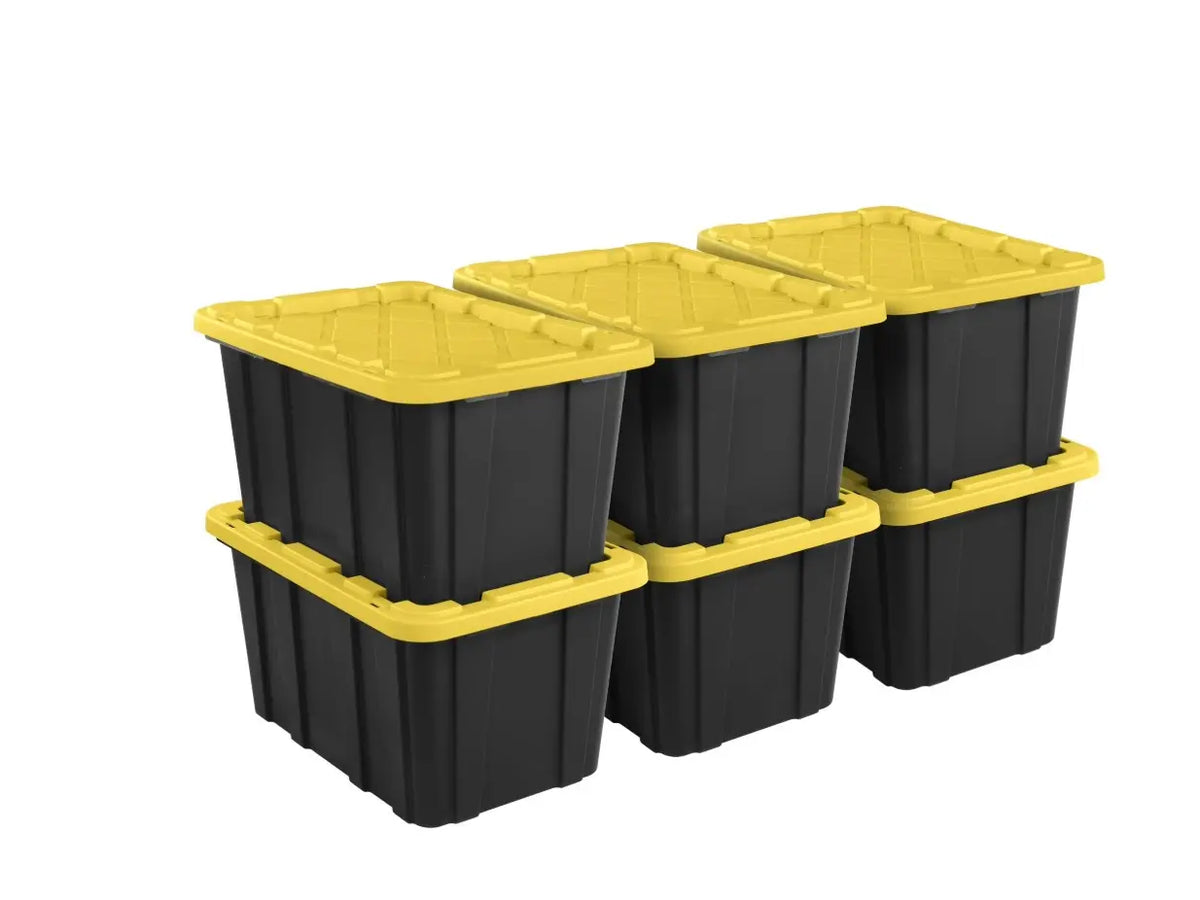 Stackable Black Storage Bins with Yellow Snap-On Lids