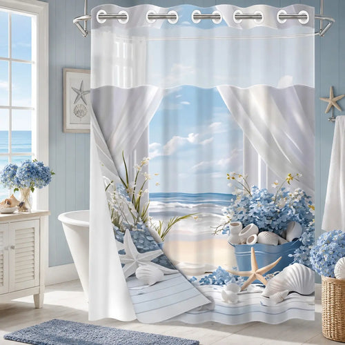 Beach Scene Print Shower Curtain with Window